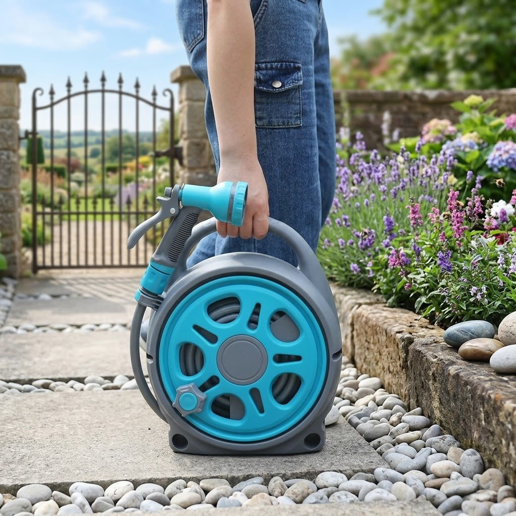 WEISI All-in-One Water Hose Reel Cart | Portable Outdoor Garden Hose Storage Stand with 16m Hose & Spray Nozzle