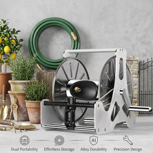 Stainless Steel Hose Reel Cart Heavy Duty Garden Water Pipe Holder Rack Outdoor Portable Hose Organizer Storage Stand + Free Wall Mount Bracket