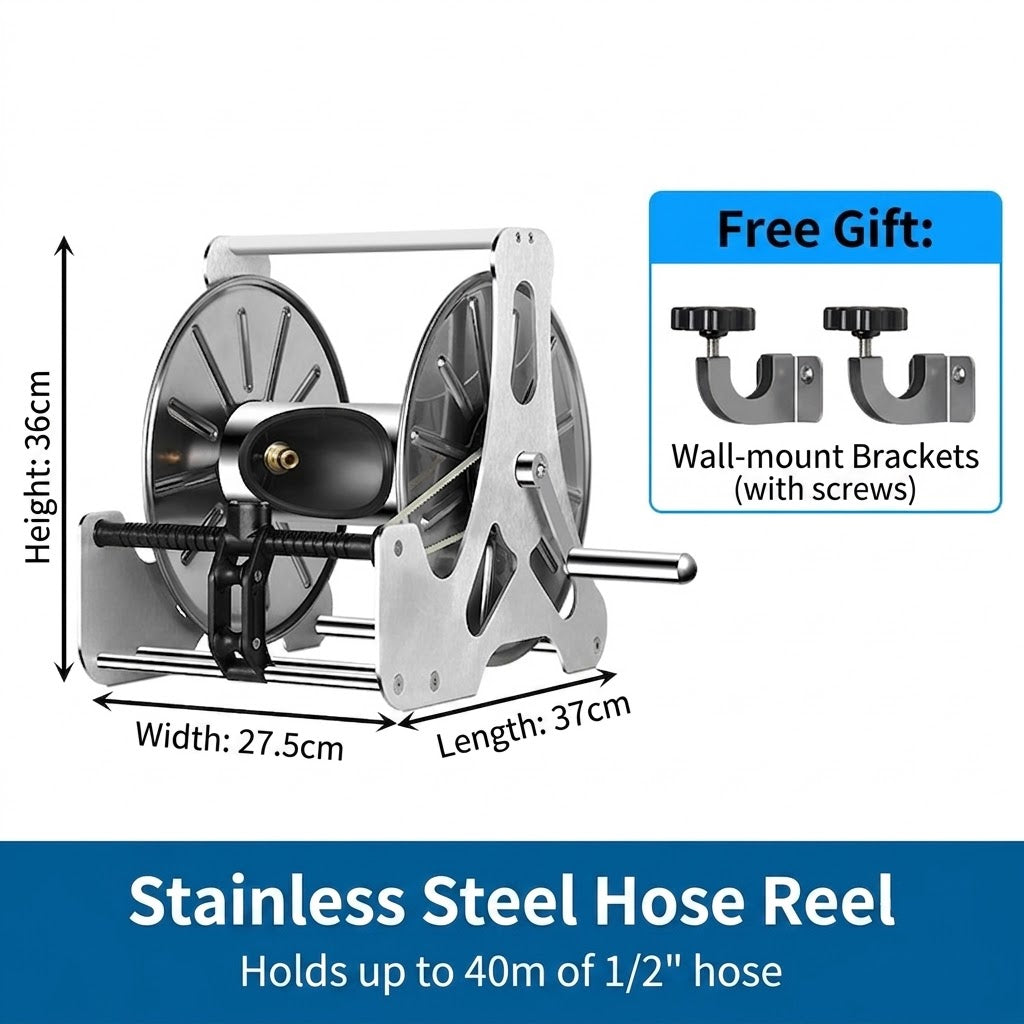 Stainless Steel Hose Reel Cart Heavy Duty Garden Water Pipe Holder Rack Outdoor Portable Hose Organizer Storage Stand + Free Wall Mount Bracket