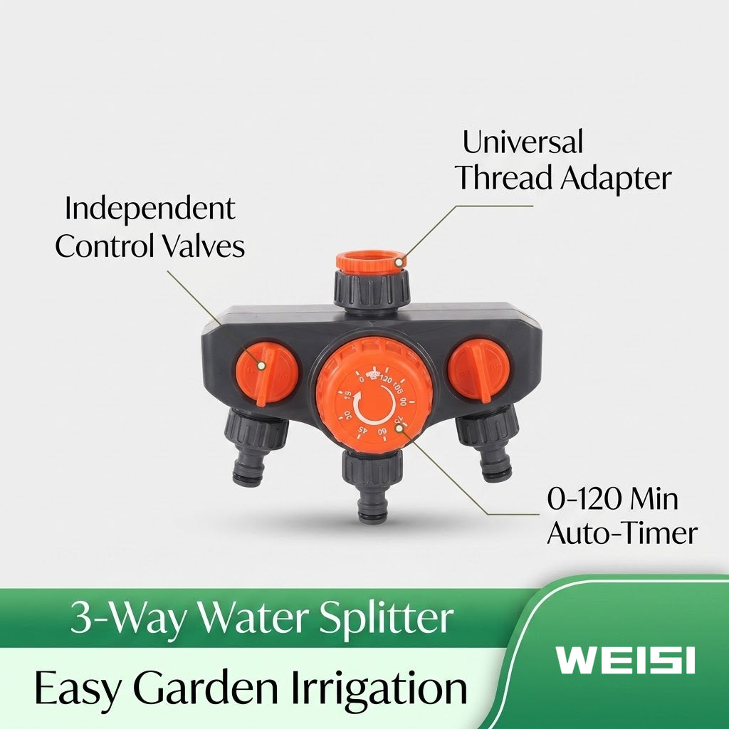 3-Way Garden Hose Splitter with Mechanical Timer | 3-Outlet Water Distributor for 1/2" 3/4" 1" Thread Faucet [Independent Valves]
