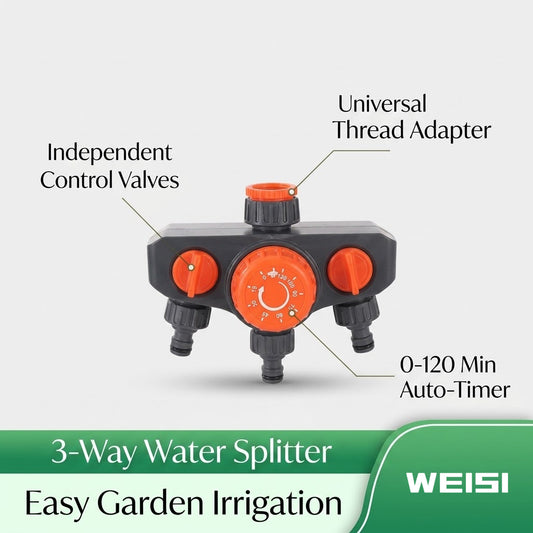 3-Way Garden Hose Splitter with Mechanical Timer | 3-Outlet Water Distributor for 1/2" 3/4" 1" Thread Faucet [Independent Valves]