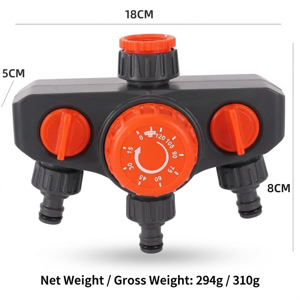 3-Way Garden Hose Splitter with Mechanical Timer | 3-Outlet Water Distributor for 1/2" 3/4" 1" Thread Faucet [Independent Valves]