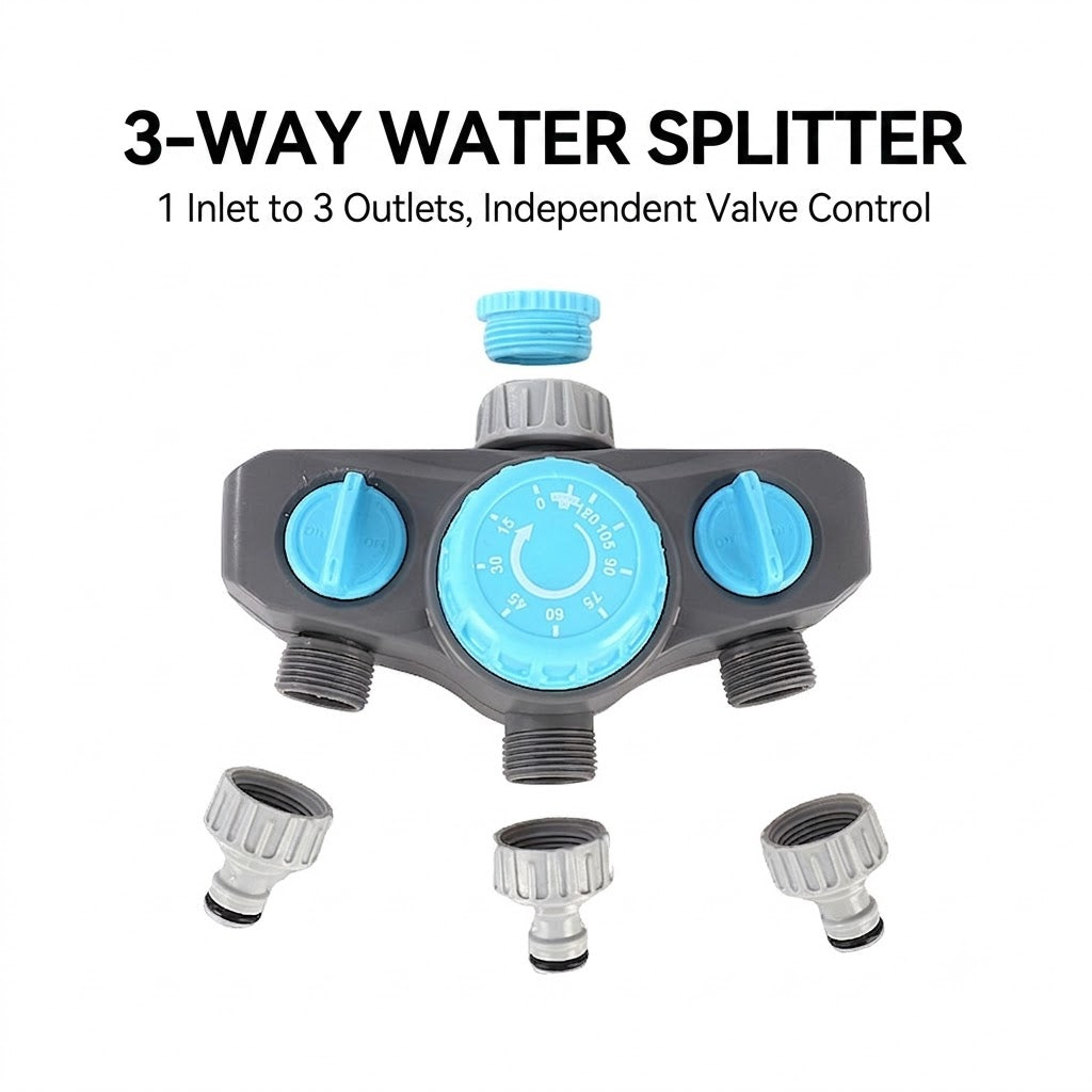 3-Way Garden Hose Splitter with Mechanical Timer | 3-Outlet Water Distributor for 1/2" 3/4" 1" Thread Faucet [Independent Valves]