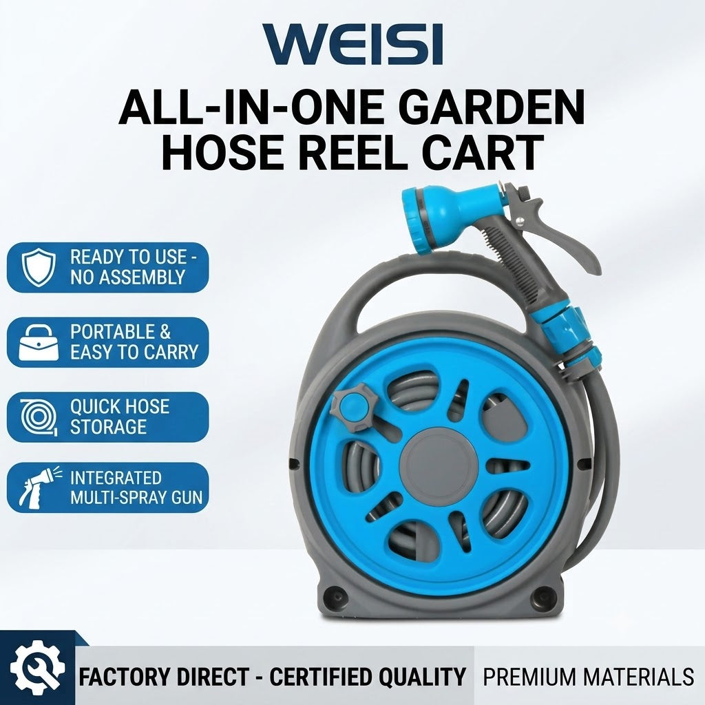 WEISI All-in-One Water Hose Reel Cart | Portable Outdoor Garden Hose Storage Stand with 16m Hose & Spray Nozzle