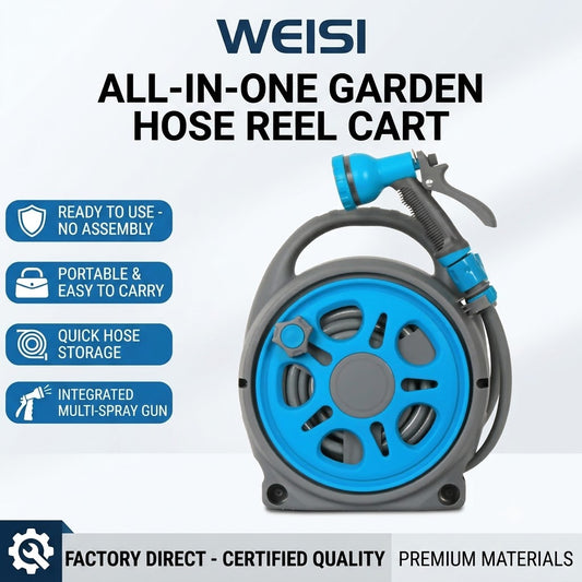 WEISI All-in-One Water Hose Reel Cart | Portable Outdoor Garden Hose Storage Stand with 16m Hose & Spray Nozzle