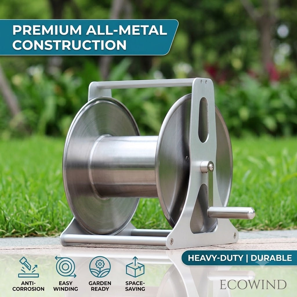 Heavy Duty Metal Garden Hose Reel | Portable & Wall-Mounted Water Pipe Storage Organizer | Anti-Corrosion Stainless Steel Hose Holder (No Hose)