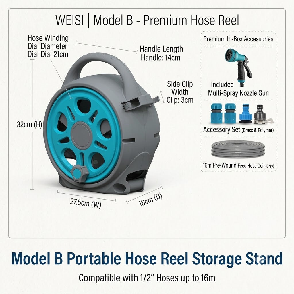 WEISI All-in-One Water Hose Reel Cart | Portable Outdoor Garden Hose Storage Stand with 16m Hose & Spray Nozzle